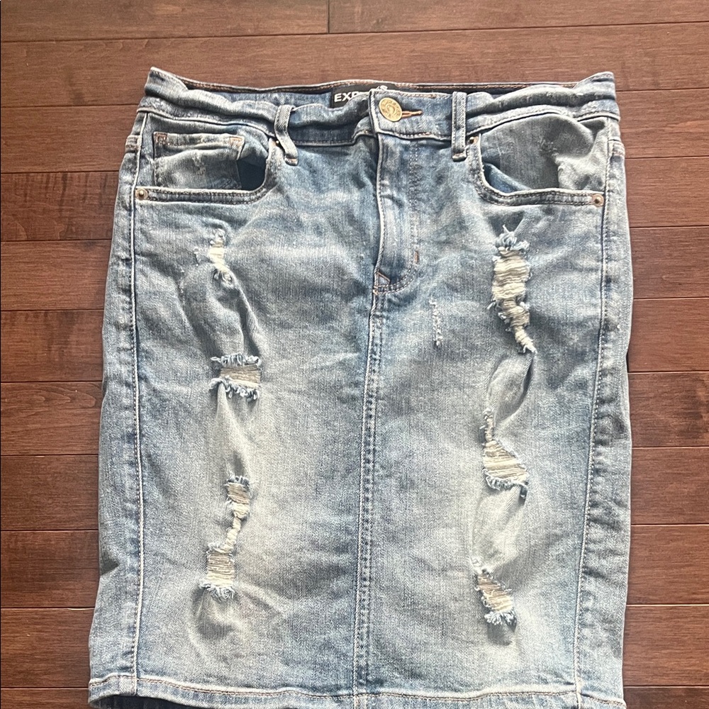 Express Light Blue Distressed Pencil Skirt